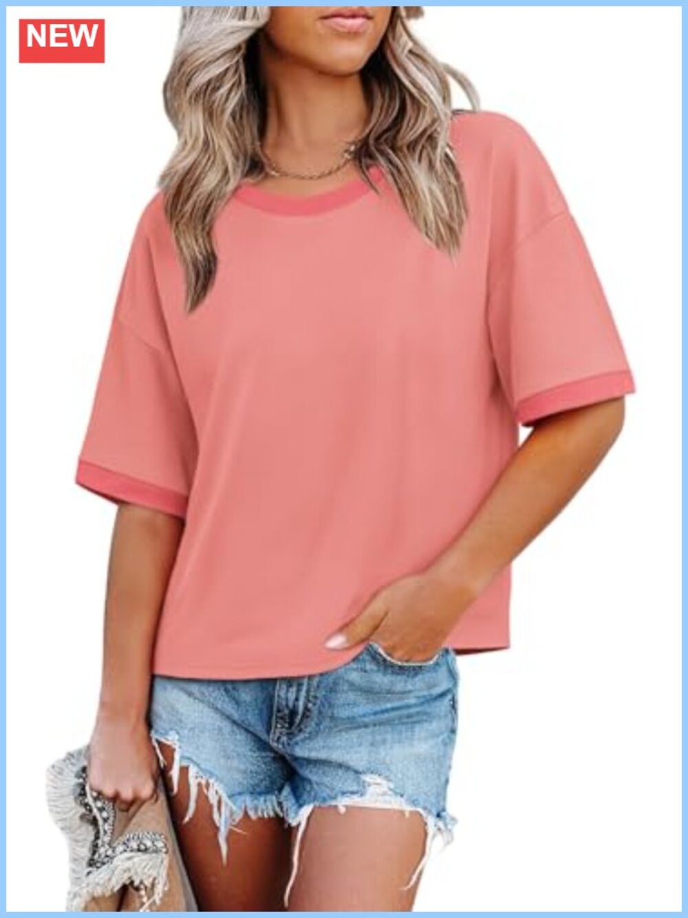 Womens Oversized T Shirt Loose Fit Half Sleeve Crew Neck Color Block Summer Top